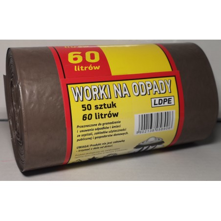 Worki na odpady 60 litrów 50 sztuk brązowe